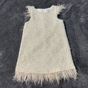 Rare Editions Girls Cream Gold Tweed Ostrich Feather Trim Dress Glam Boho 5
